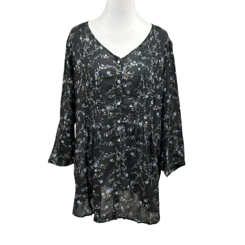 J. Jill Tunic Blouse Womens Size Medium Semi Sheer Floral Crinkle